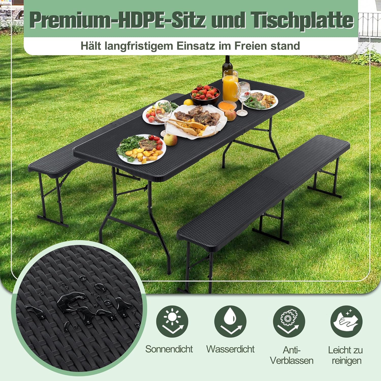 Buffettisch Gartentisch Bierzeltgarnitur Tisch, klappbar 3-teilig Set, 180x70 cm Kunststoff Campingtisch, Rattan-Look für bis zu 8 Personen, robuste wetterfest Biertisch Set, Anthrazit