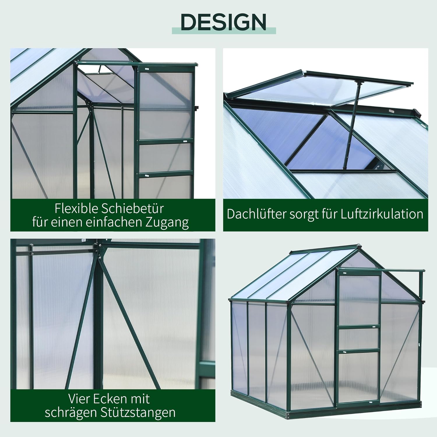 Outsunny Gewächshaus Aluminium Treibhaus mit Dachfenster Tür 190 x 192 x 201 cm Pflanzenhaus mit Fundament begehbares Tomatenhaus Witterungsbeständig Polycarbonat Grün+Transparent