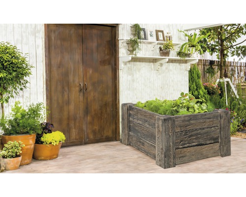 Betonnen verhoogde tuinbak Cube antiek donkerbruin met voorgemonteerde draad 120 x 120 x 69 cm