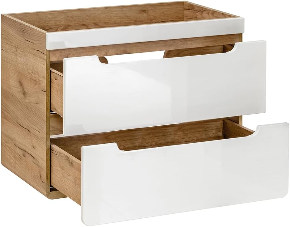 Lomadox Badezimmermöbel Set 80 cm Waschtisch & LED-Spiegelschrank, Hochglanz weiß Wotan Eiche Nb., Hochschrank, 3 Hängeschränke
