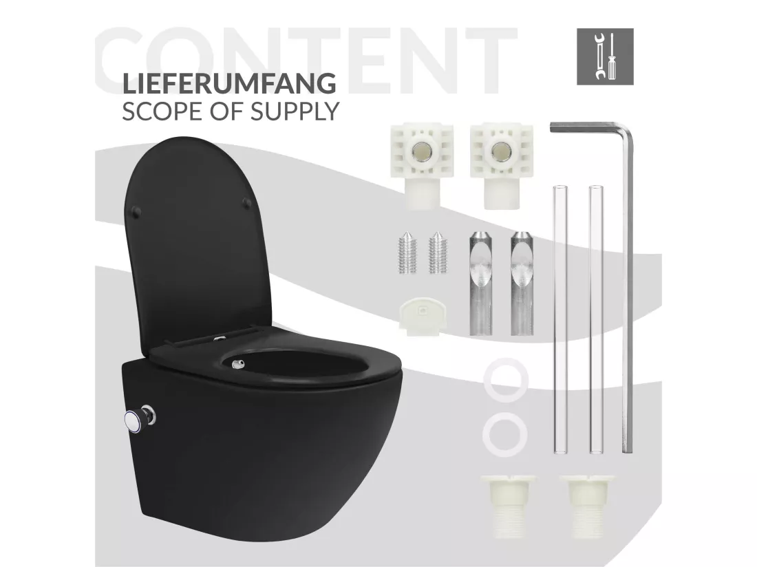 WC suspendu chasse d'eau tornado fonction bidet noir mat avec siège Softclose