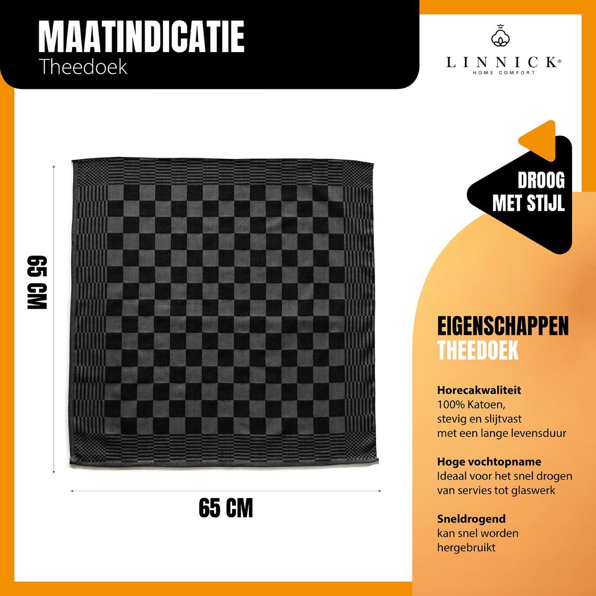 LINNICK Theedoekenset Blok 65x65cm - zwart - set van 6