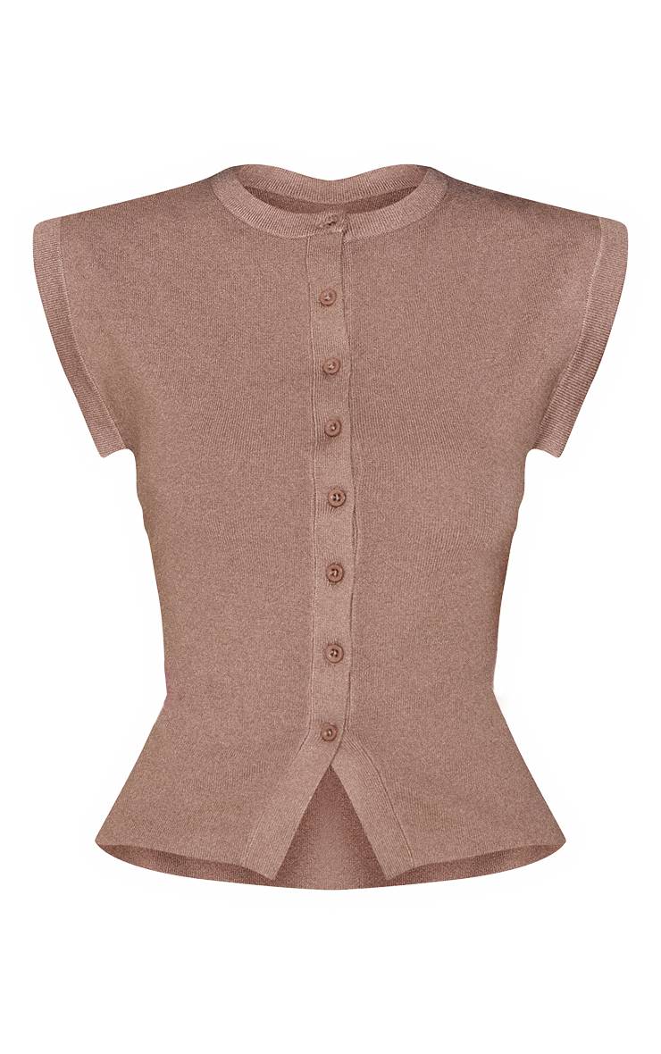 Taupe Haut En Maille À Manches Courtes Boutonné Sur Le Devant