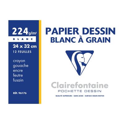 Clairefontaine Dessin à Grain - Pochette papier à dessin - 12 feuilles - 24 x 32 cm - 224 gr - blanc