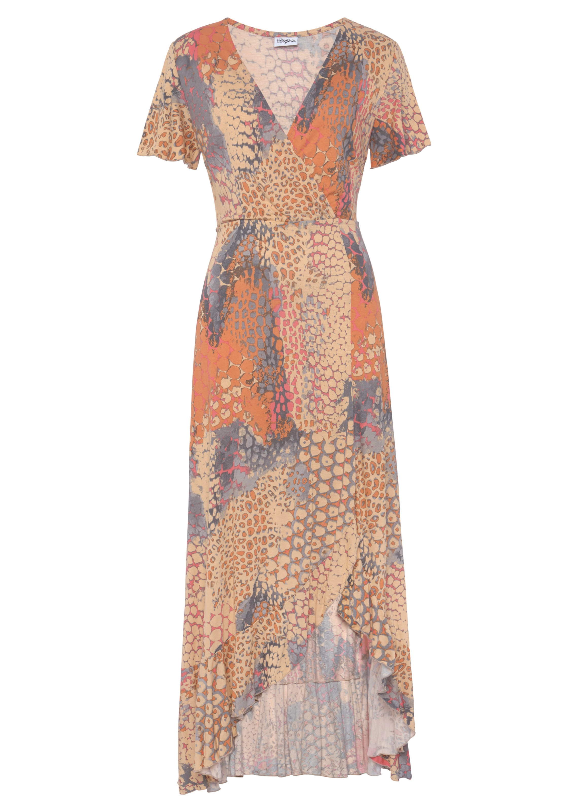 Buffalo Maxikleid mit Animalprint, Schlitz und Volant, Flügelärmel, Druckkleid