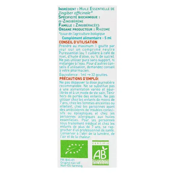 Óleo Essencial de Gengibre Fresco Orgânico Puressentiel 5ml