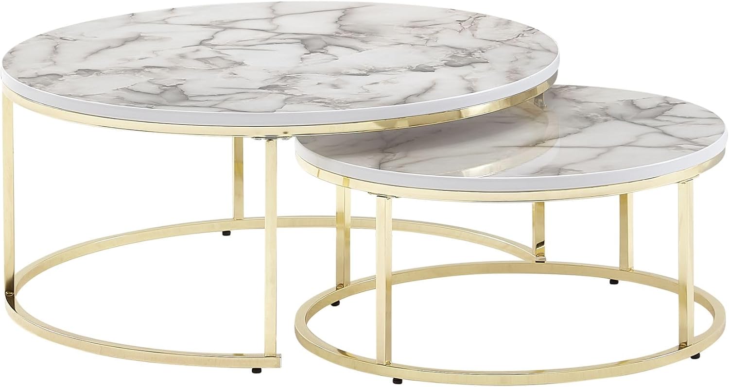 FineBuy Couchtisch 2er Set Weiß Marmor Optik Sofatisch Rund Modern, Beistelltisch 2-teilig Metall, Runde Wohnzimmertische, Design Satztische Gold