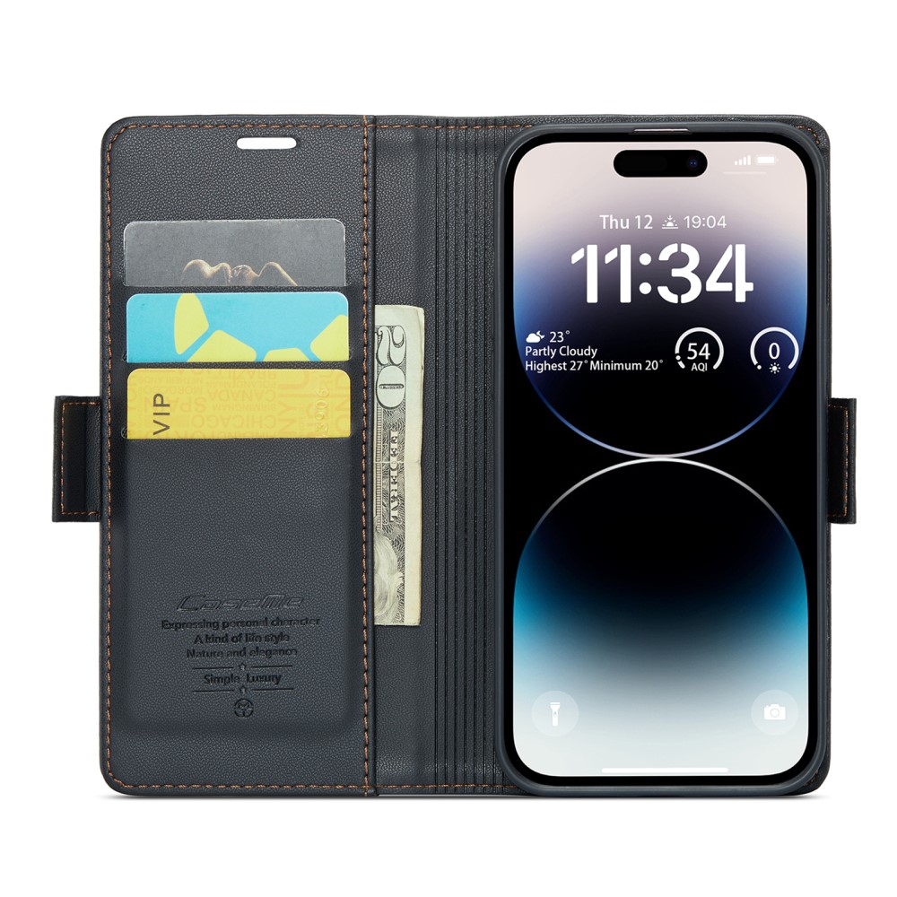 iPhone 14 Pro Leder Tasche Flip Wallet Etui mit Kartenfächern Litchi Look (RFID Schutz) - Schwarz