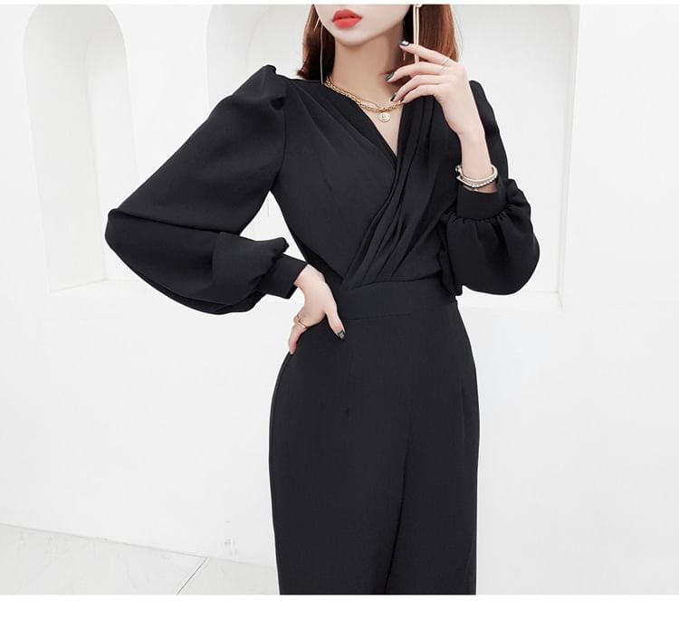 Yolandus - Lange mouwen V-hals effen losse jumpsuit