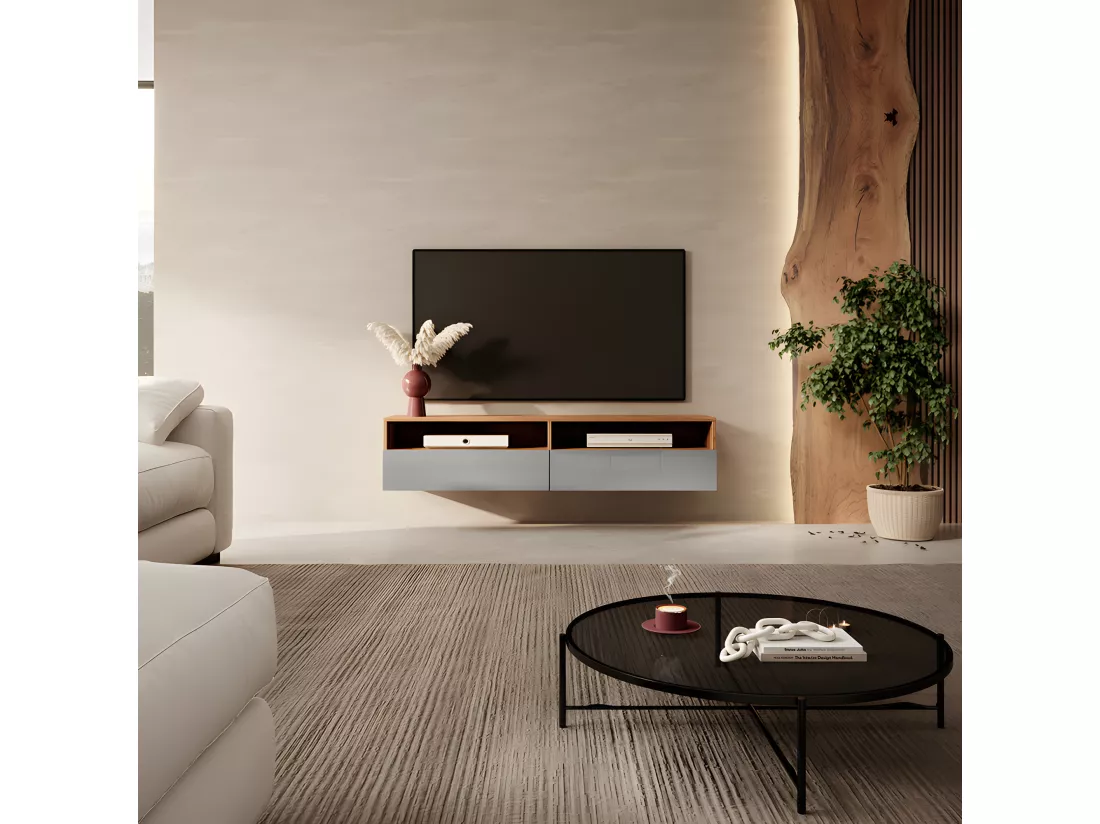 Meuble TV - 140 cm - chêne wotan / gris brillant - REDNAW