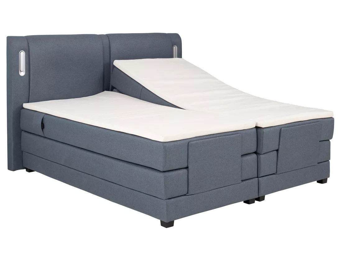 Ensemble complet boxspring tête de lit avec leds + sommiers relaxation électrique + matelas + surmatelas - 2 x 80 x 200 cm - Tissu - Bleu - ASTEMI de PALACIO