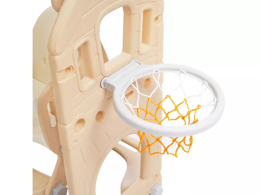 Toboggan en PP 5 en 1 pour enfant 3-8ans, balançoire, toboggan, escalade, espace de rangement, cadre de basket-ball, rose antique
