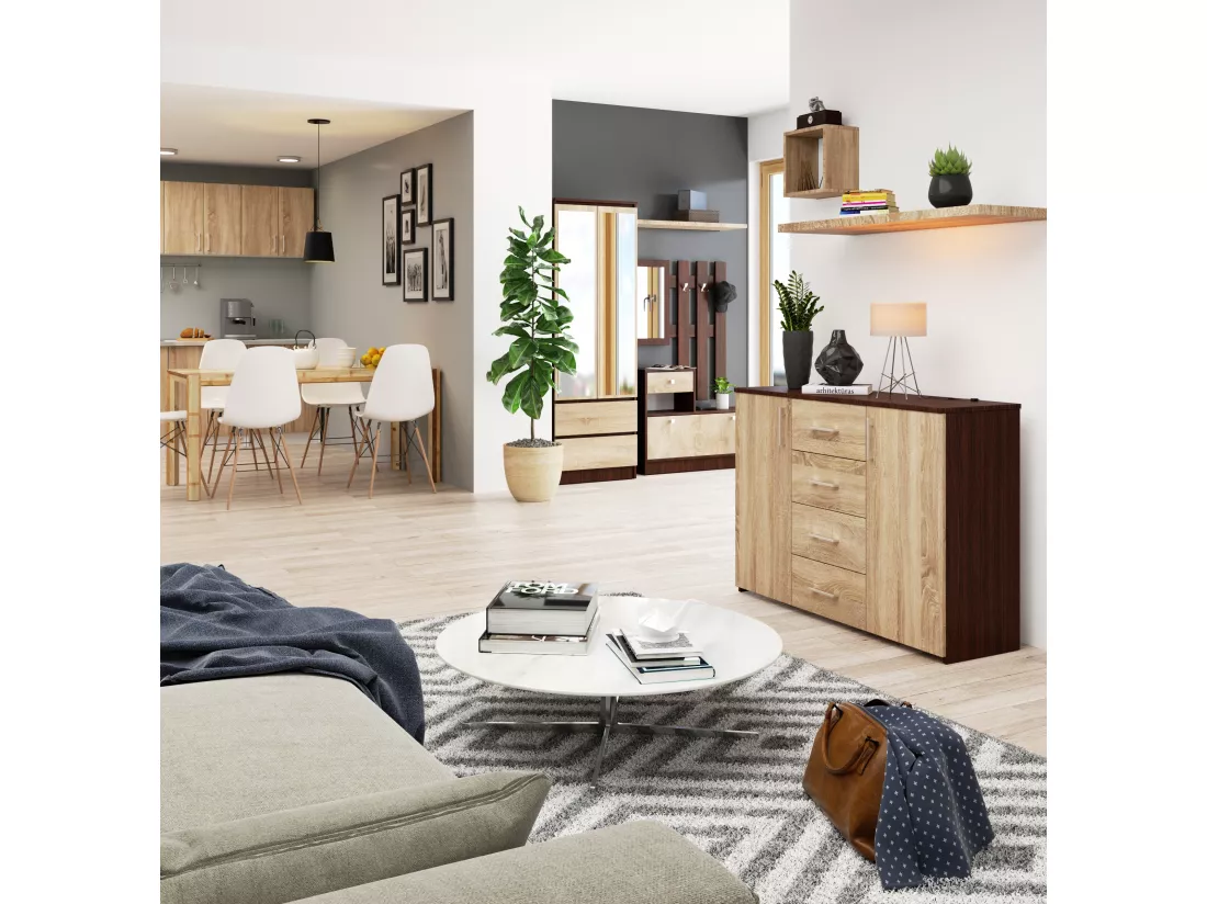 Commode AKORD K45 Wengé 110 cm 2 portes 4 tiroirs façade Chêne Sonoma 4 étagères 110x35x80 cm