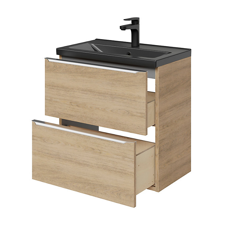 Ensemble salle de bains l.60 cm meuble à suspendre faible profondeur Imandra décor chêne + plan vasque céramique noir