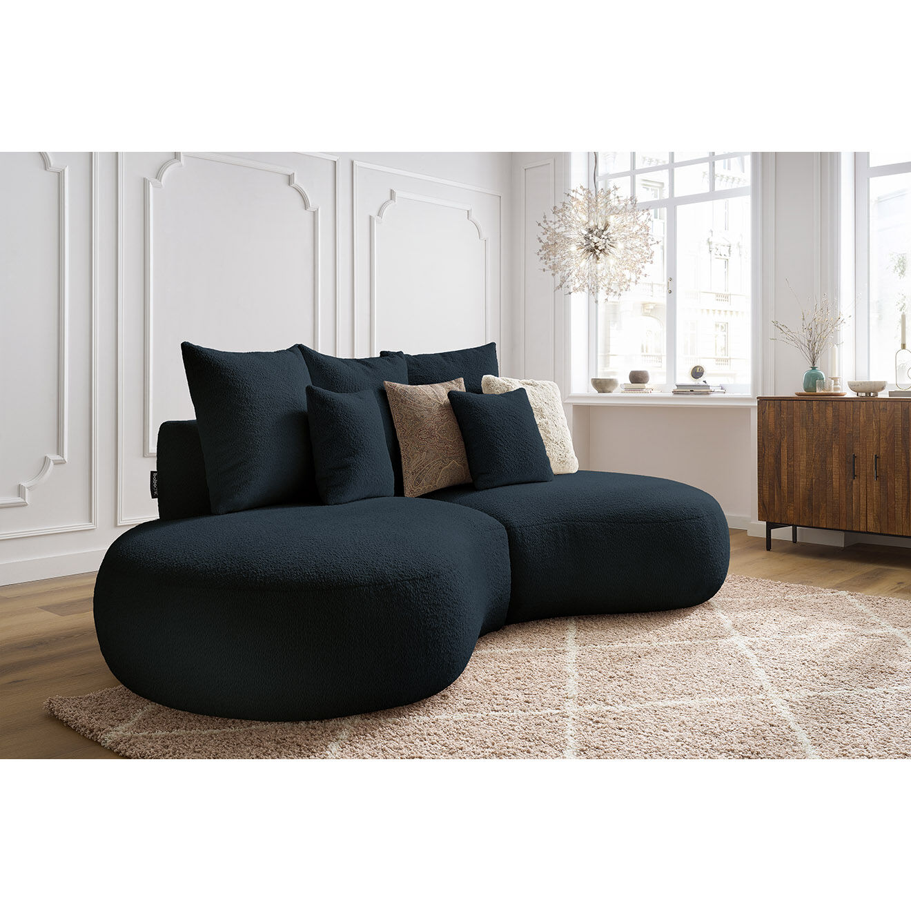 Bobochic Canapé droit fixe 3 places saint-germain tissu bouclette bleu foncé - 260x145x92 cm