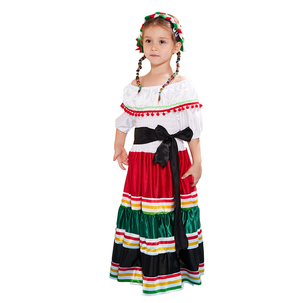 (110-120cm) Fasnachts Kinder Kostüm Mexikanische Senorita Verkleidung für Motto Partys / Halloween inkl. Haarreif - Weiss / Rot