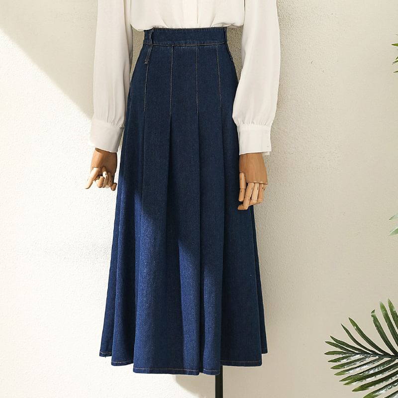 Rusutsu - Accordeon geplooide denim midi A-lijn rok met hoge taille