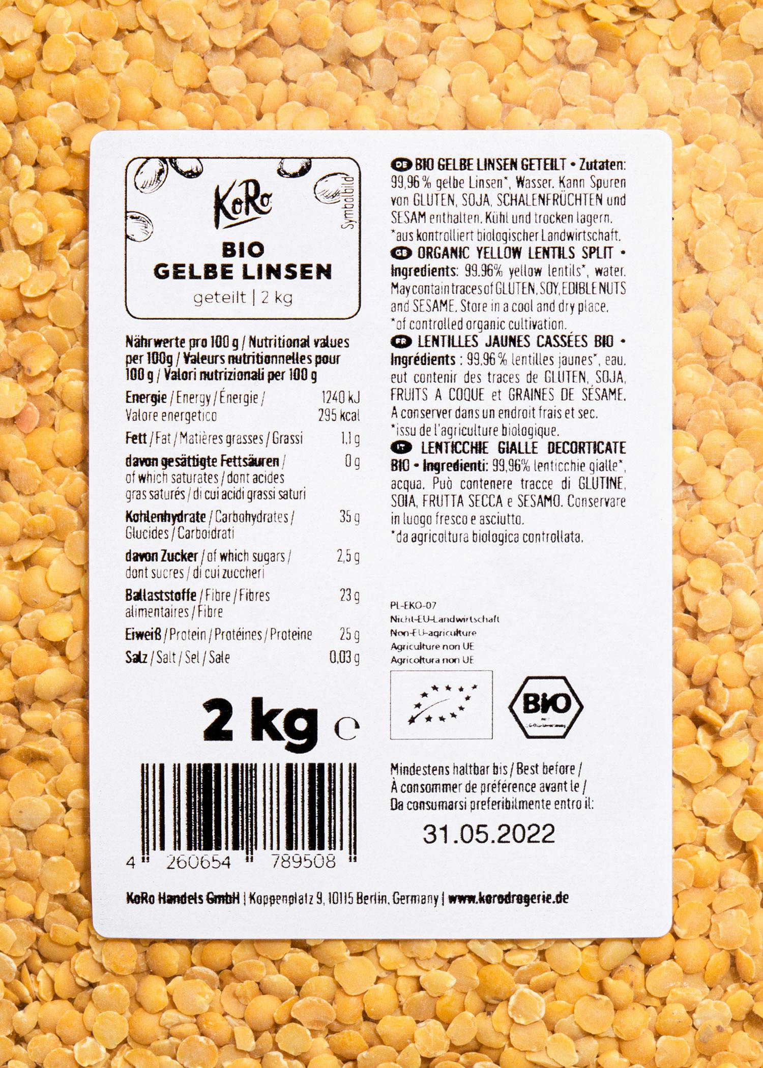 Geteilte gelbe Bio Linsen 2 kg