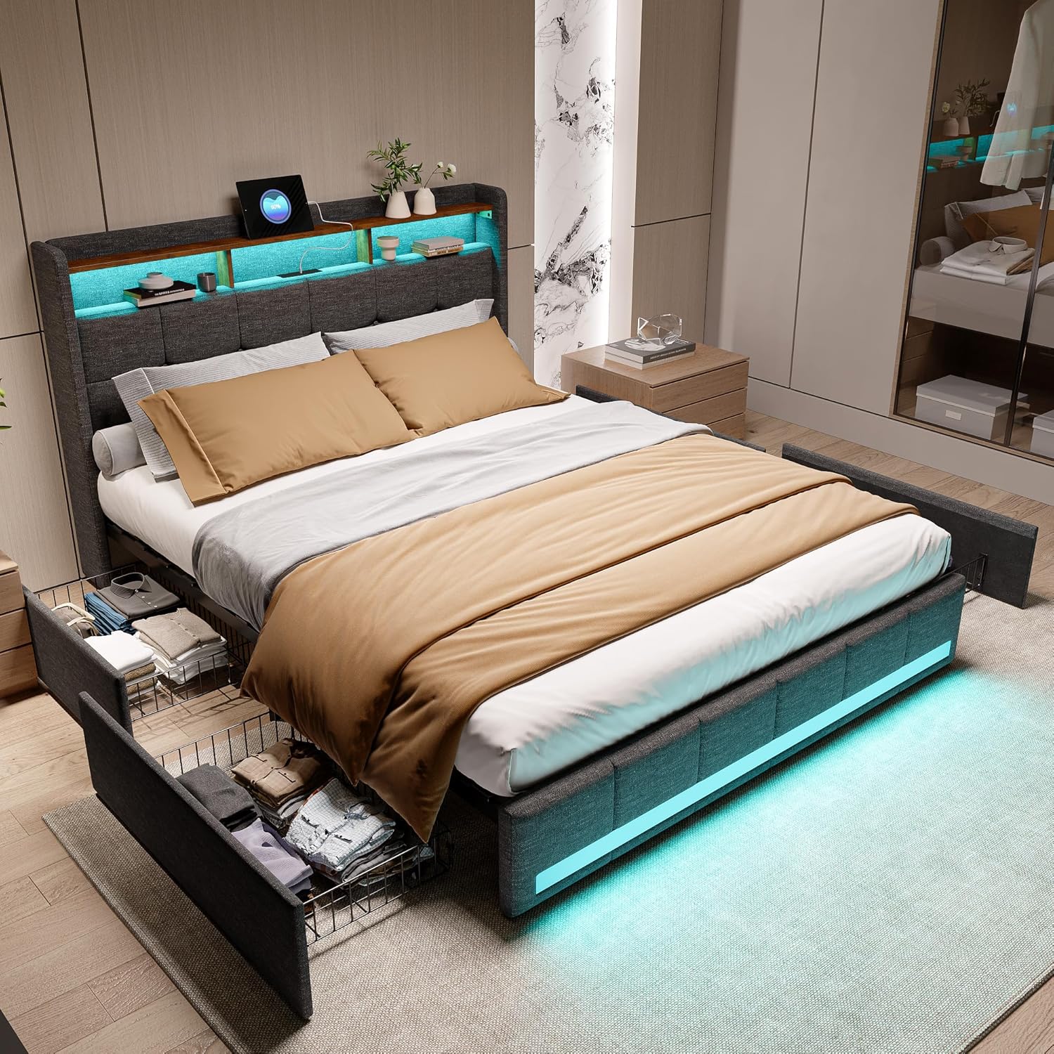 Polsterbett Doppelbett 140x200 cm, Bett 140x200 mit Bettkasten, Stauraumbett mit 4 Schubladen und Lattenrost, Staufach-Kopfteil mit LED-Beleuchtung und Ladestation(2 USB-Anschlüsse,1 Type-C),Leinen