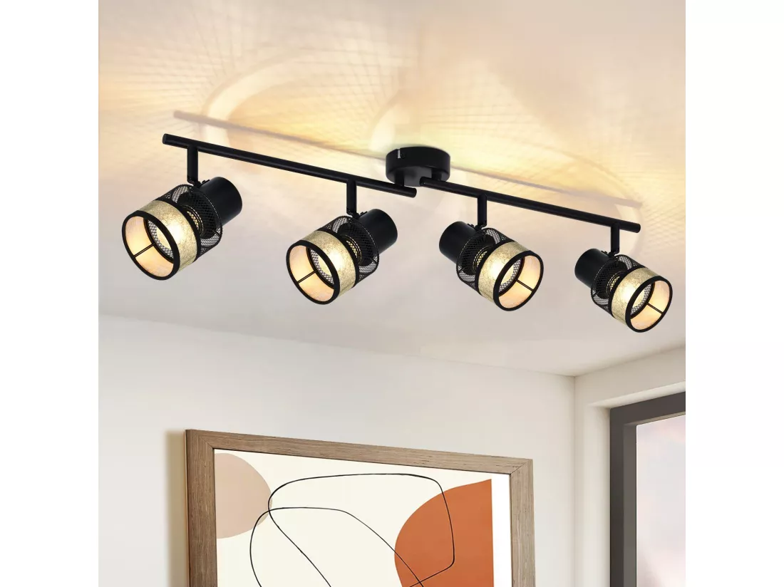 NETTLIFE Plafonnier 4 Spots Métal E27 Max. 25W Vintage Noir 330° Abat-Jour en Tissu Doré pour Salon Cuisine Escaliers Salle à Manger