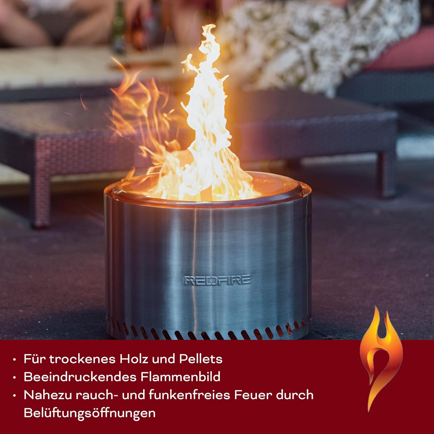 REDFIRE Feuerkorb Volcano Extra Large, Silber - XL Feuertonne Edelstahl für Holz und Pellets - raucharme Feuerschalen für den Garten, Terrassenofen, Asche-Auffangschale – Outdoor Deko, Gartendeko