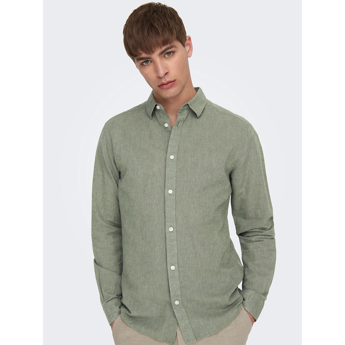 ONLY & SONS<br>Camisa slim fit em algodão e linho