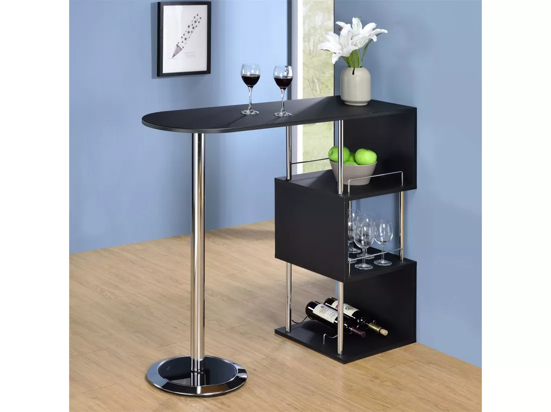 Table haute de bar VIGANDO mange-debout comptoir avec 3 étagères dont 1 porte-bouteilles, en métal chromé et plateau en MDF noir mat