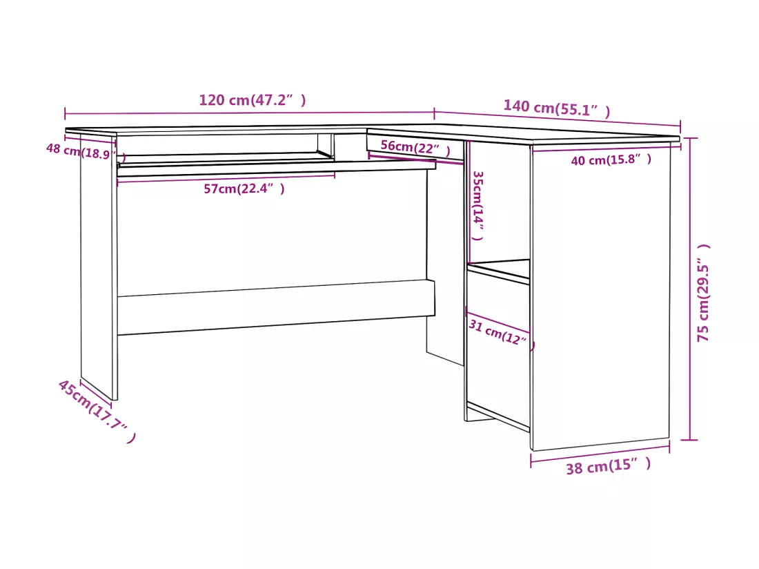 Bureau d'angle forme de L Blanc brillant 120x140x75cm Aggloméré