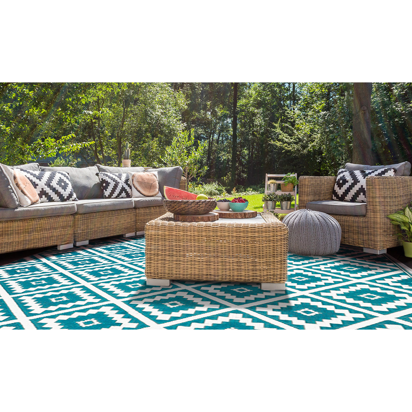 Inkazen Tapis extérieur rectangulaire Vahiné motifs losanges bleu - 270x370 cm
