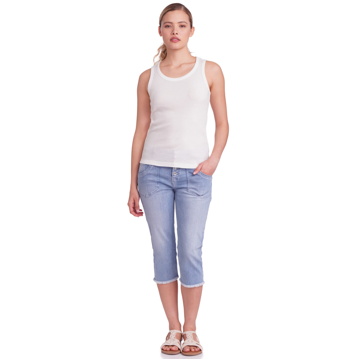 Gina Damen Top mit Ripp-Struktur weiss