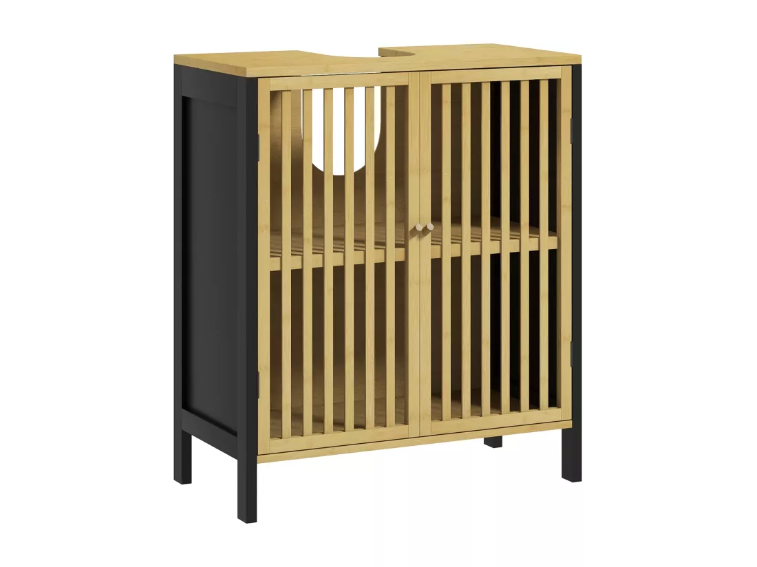 Meuble sous-vasque 2 portes étagère MDF noir bambou verni