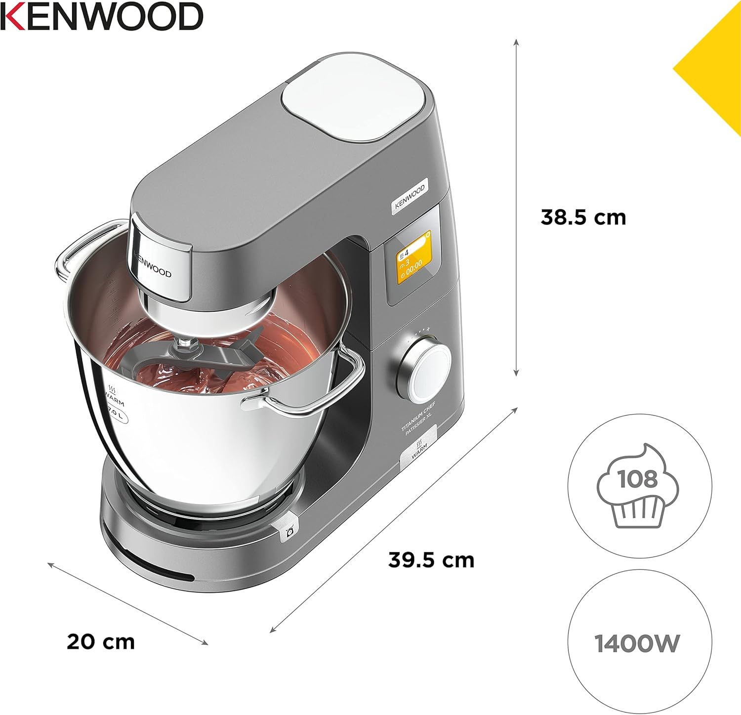 Kenwood Titanium Chef Patissier XL KWL90.034SI – Küchenmaschine mit integrierter Waage & 7 L Rührschüssel mit Wärmefunktion, 1400 Watt, inkl. 4-teiligem Patisserie-Set, silber