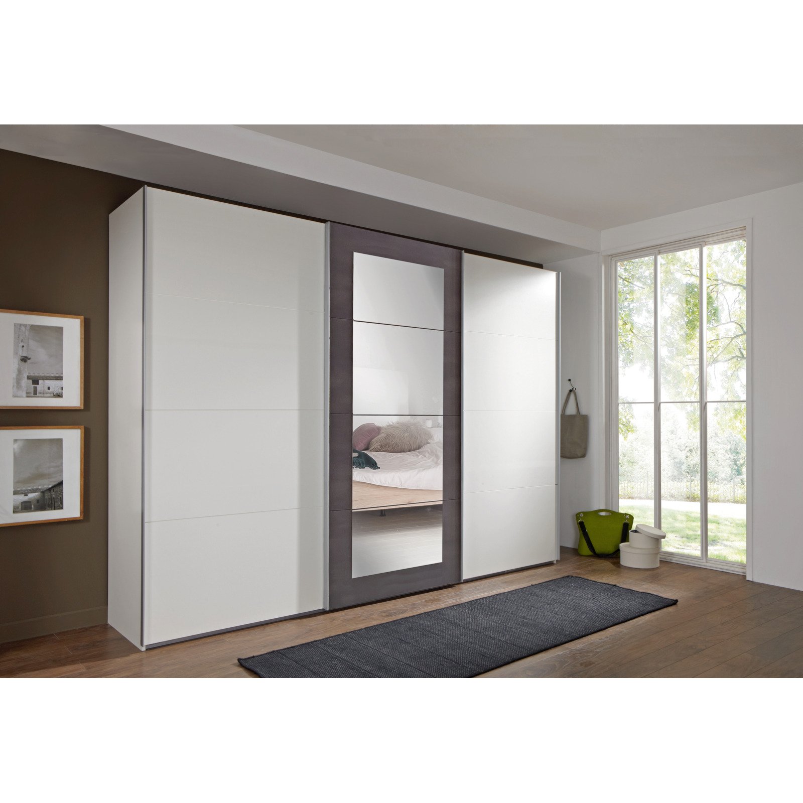 Schwebetürenschrank Minden Dekor weiss Raw Steel 270 x 210 x 65 cm, mit Spiegel
