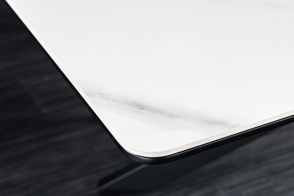 Ausziehbarer Esstisch ALPINE 160-200cm weiß Keramik Marmor schwarzes Metallgestell