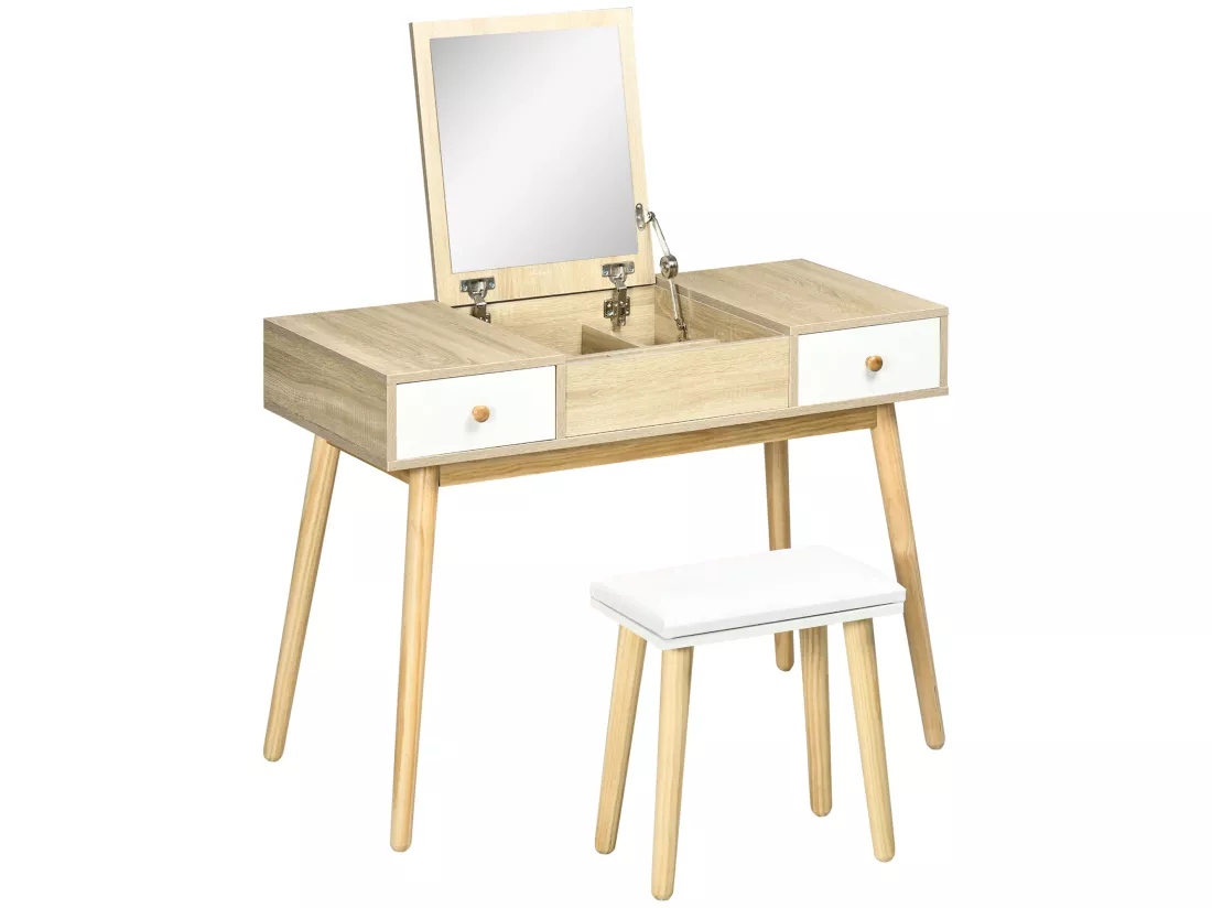 Coiffeuse avec tabouret style scandinave - 2 tiroirs, compartiment porte miroir - panneaux aspect chêne clair blanc