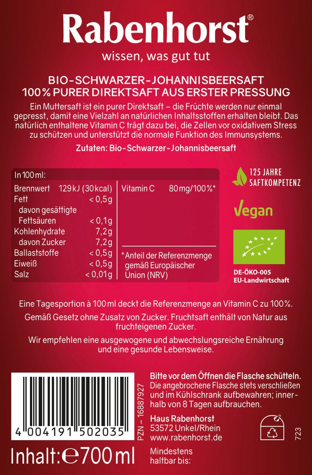 Rabenhorst Schw. Johannisbeere  Muttersaft  BIO