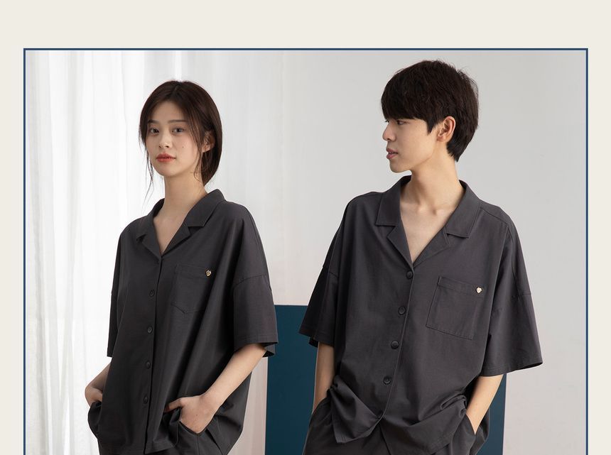Jilliana - Pyjamaset: Effen shirt met elleboogmouwen + korte broek