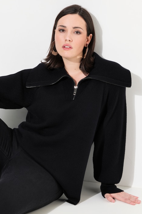 Troyer, gerippter Stehkragen, Zipper, Raglan-Langarm
