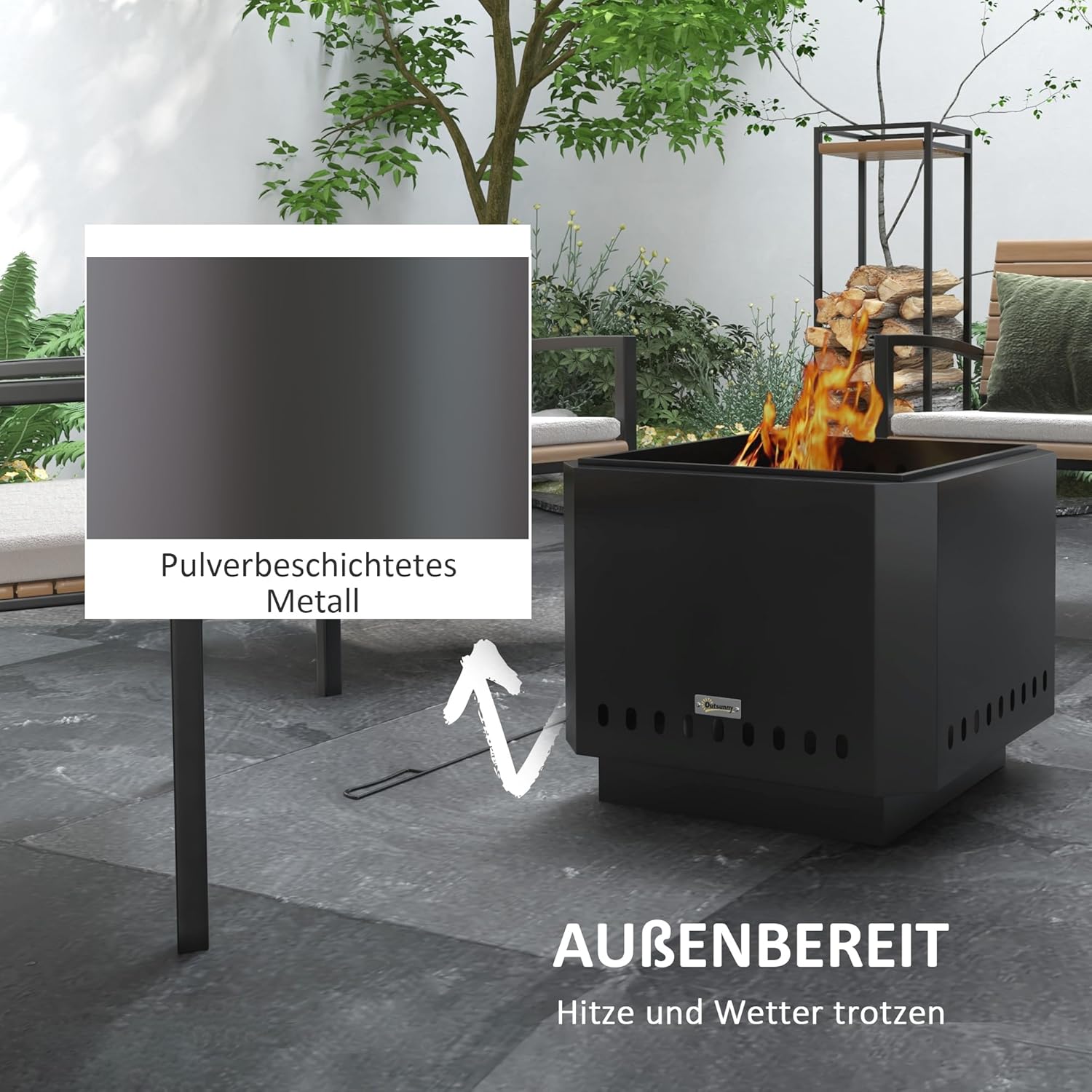 Outsunny Feuerschale, quadratischer Feuerstelle, rauchfreier Feuerkorb mit Schürhaken, Tischfeuer für Garten, Camping, Terrasse, Metall, Schwarz