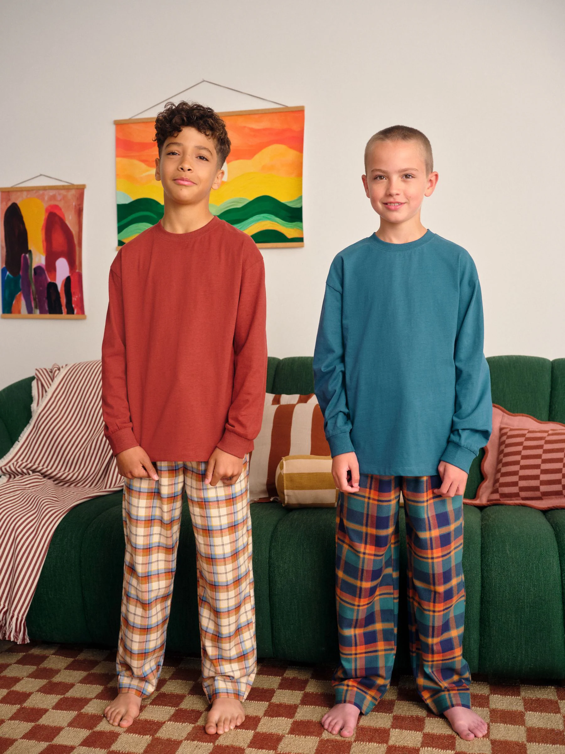 Oranje - Set van 2 geweven geruite pyjama's met lange mouwen (3-16jr)