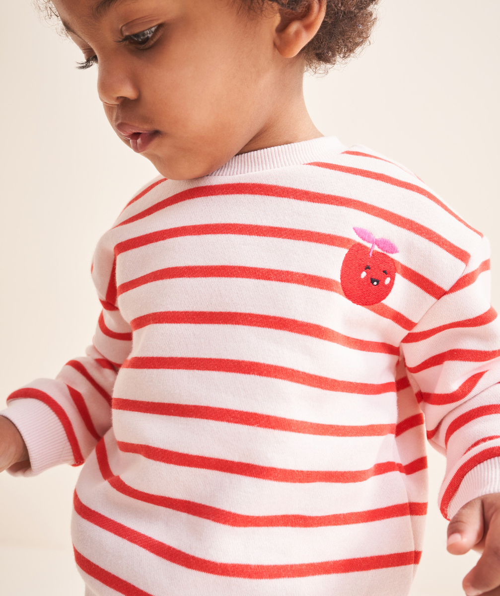SWEAT BÉBÉ FILLE EN FIBRES RECYCLÉES RAYÉ ROUGE ET PATCH POMME