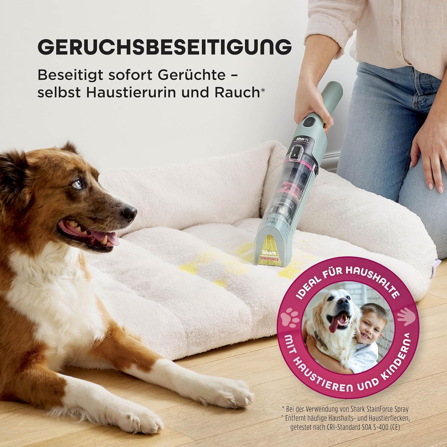 Shark StainForce Kabelloser Fleckenentferner, Tragbarer Flecken-, Waschsauger und Geruchsentferner für Teppichböden, Polstermöbel und mehr, mit Aufbewahrungsbox, Zubehör und 2 × Reiniger, HX100EUCP