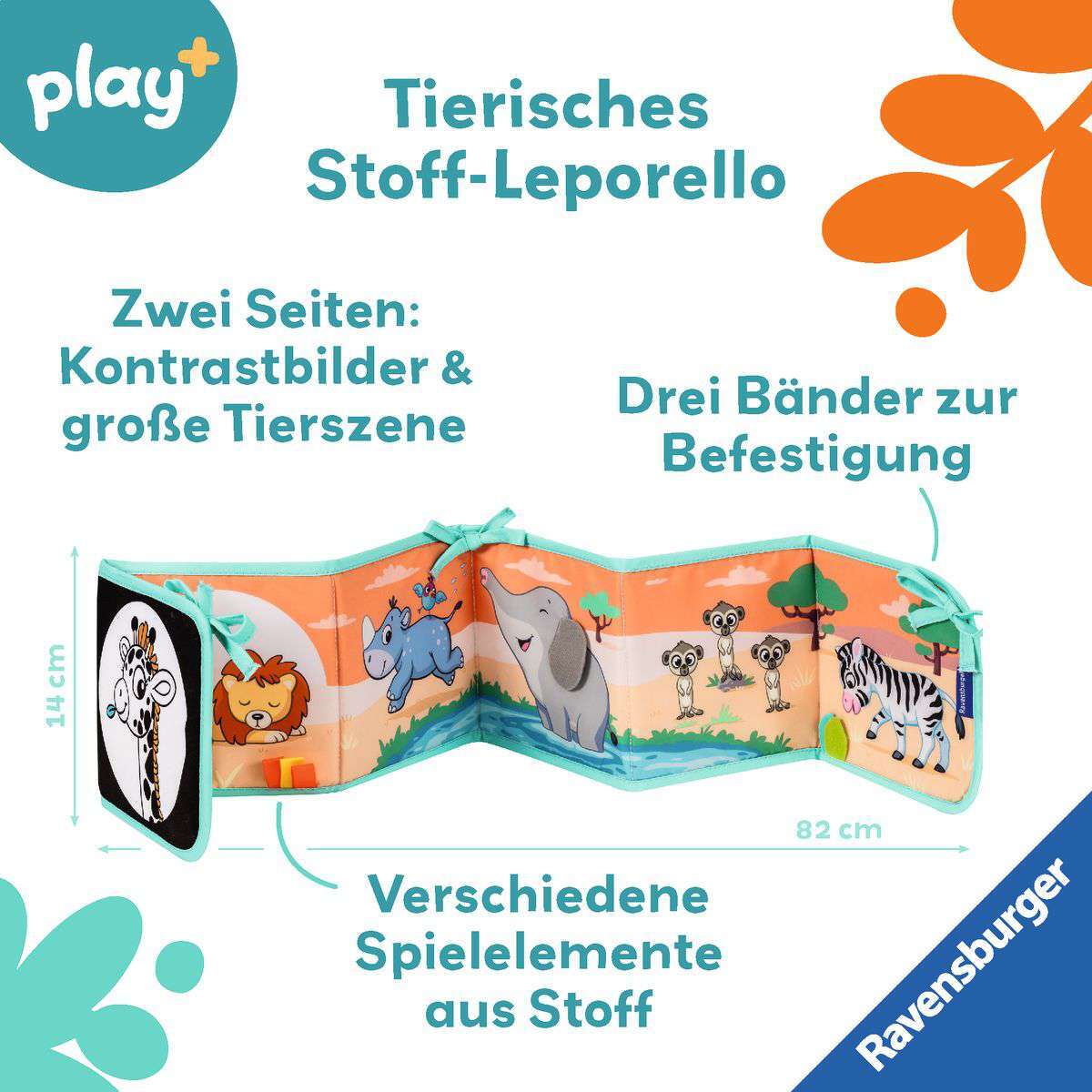 Ravensburger Spiel Play+ Mein allererstes Stoffbuch (für die Bauchlage): Wilde Tiere (Leporello)