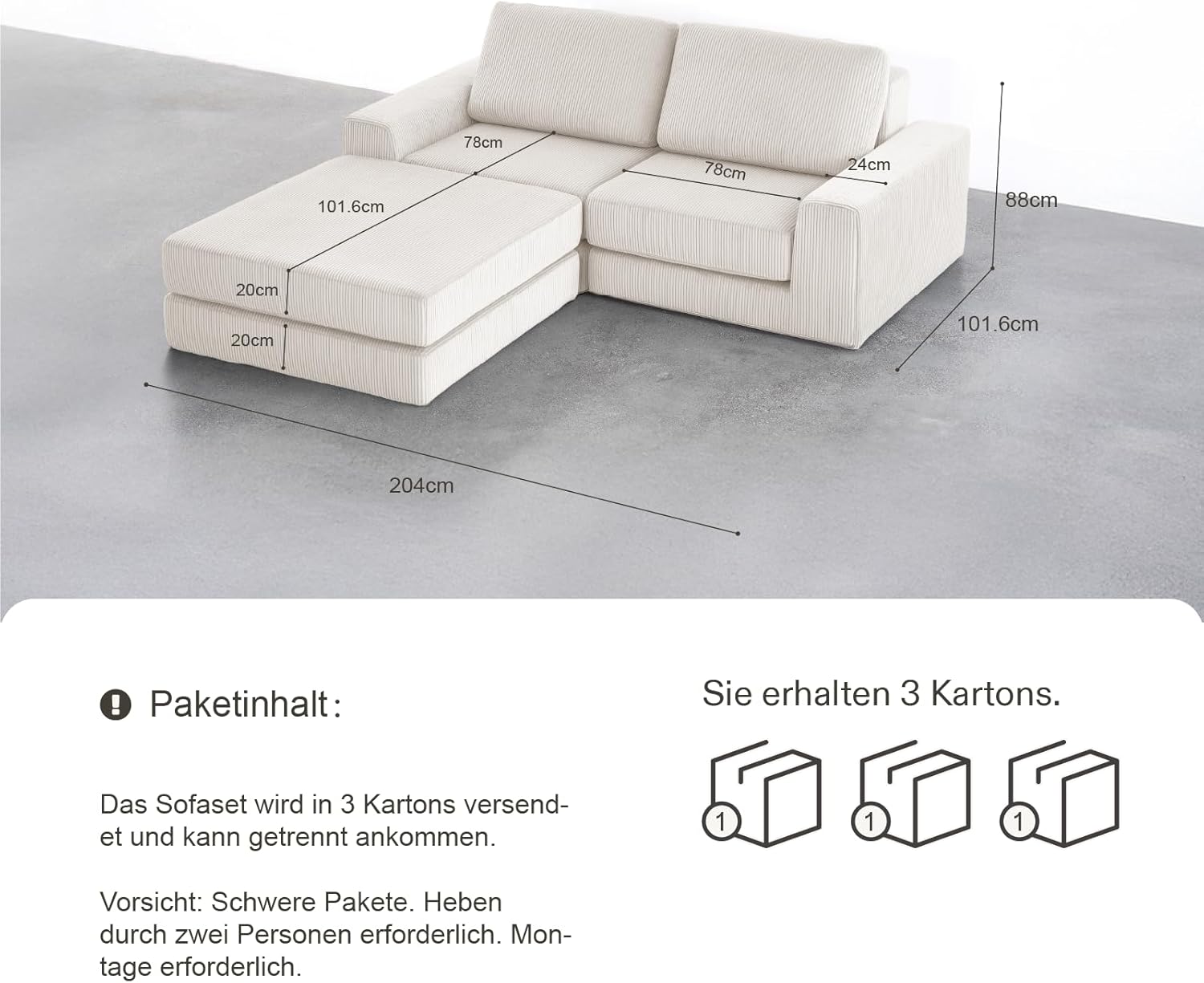 Modulares Bonelesss Sofa Couch, 204cm Modernes Bequemes Schlafsofa Mit tiefer Sitzfläche, L-förmiges Ecksofa, Cord Bodensofa Für Wohnzimmer, Wohnung, Kein Zusammenbau Erforderlich, Beige