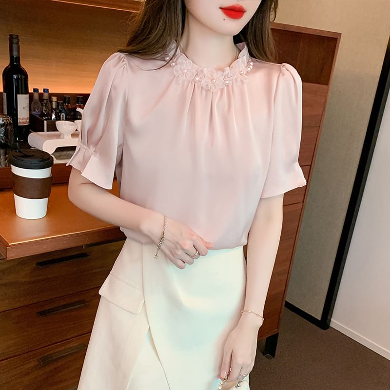 Dragan Pulse - Blouse met pofmouwen en hoge hals, imitatieparels en ruches
