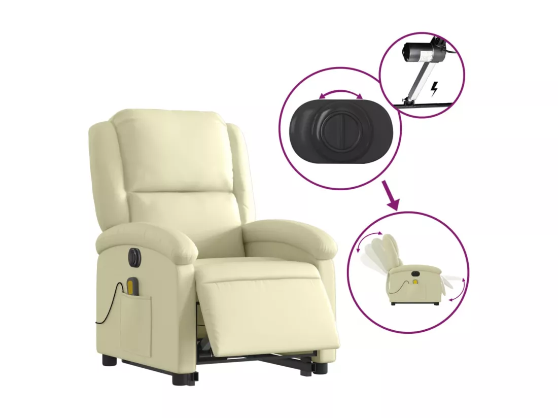 Fauteuil inclinable de massage électrique crème cuir véritable