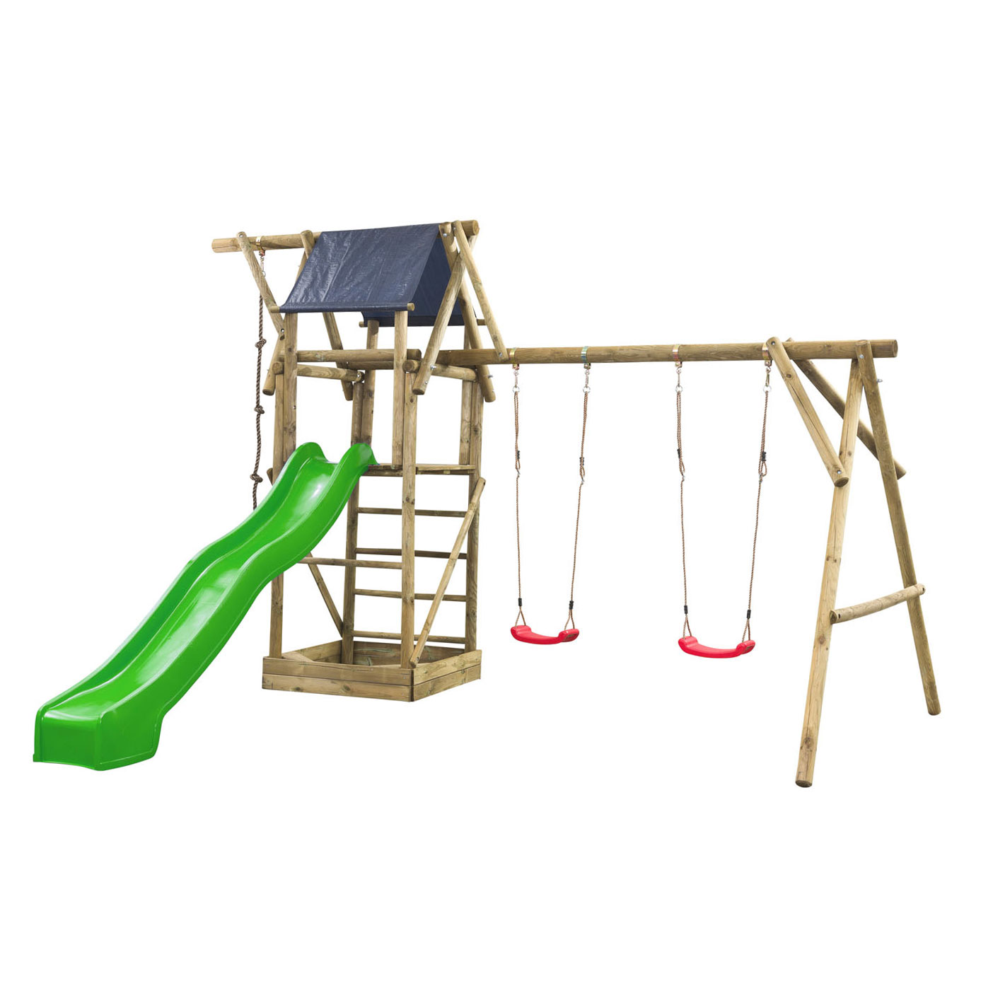 Swingking Houten Schommel met Speelhuisje/Glijbaan Niels - Appelgroen