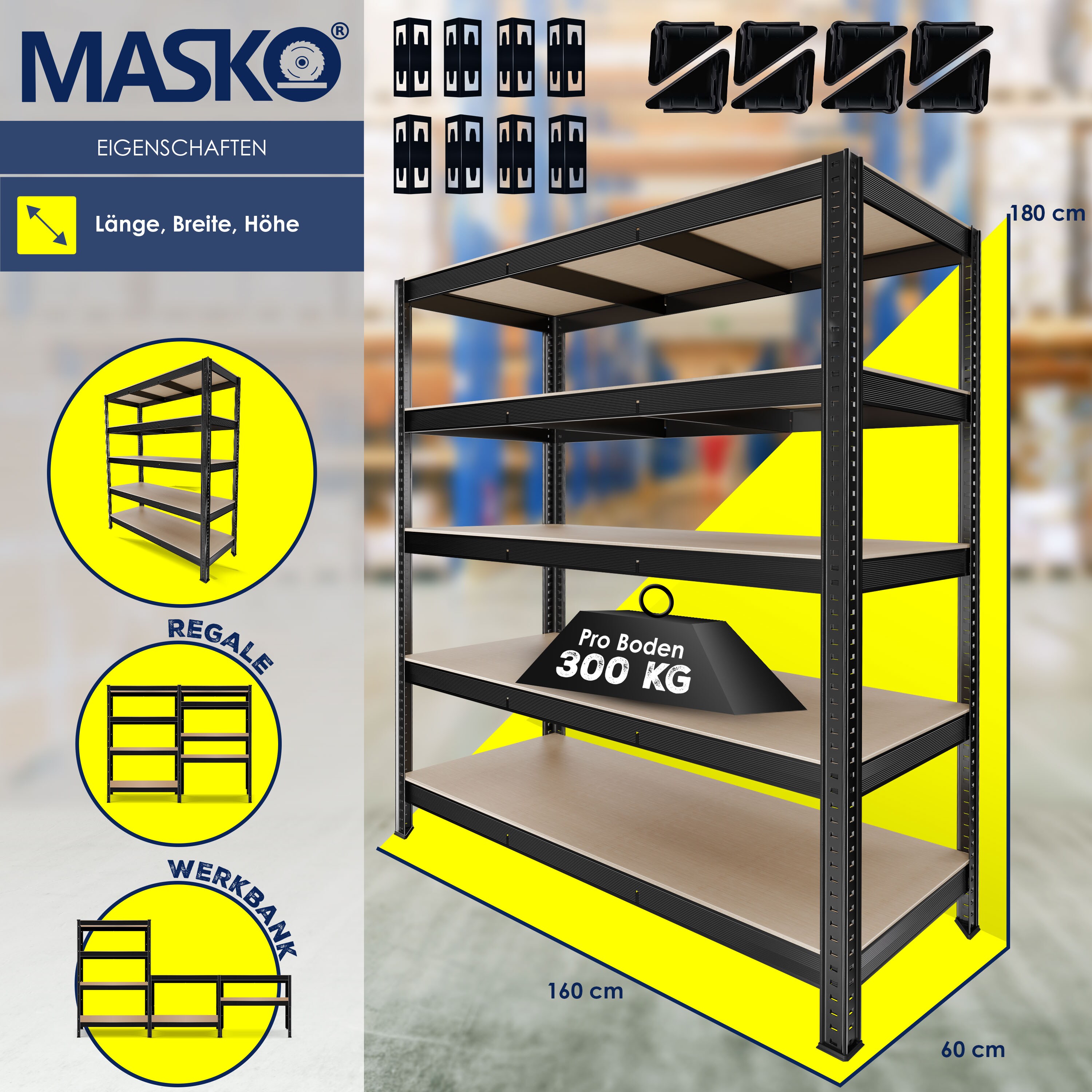 MASKO® Schwerlastregal Lagerregal Kellerregal 180x90x40cm, verstellbare Ablagen, MDF-Platten Regal aus Metall, Steckregal, Werkstattregal Stahlgestell Garage Werkbank
