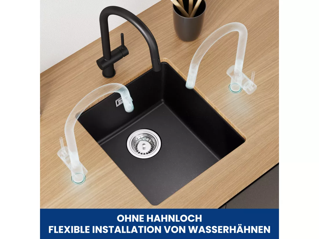 CECIPA MAX Evier 1 Bac en Quartz et Résine Noir Gris 40*44*20cm + Mitigeur de Cuisine avec Douchette Extractible Noir
