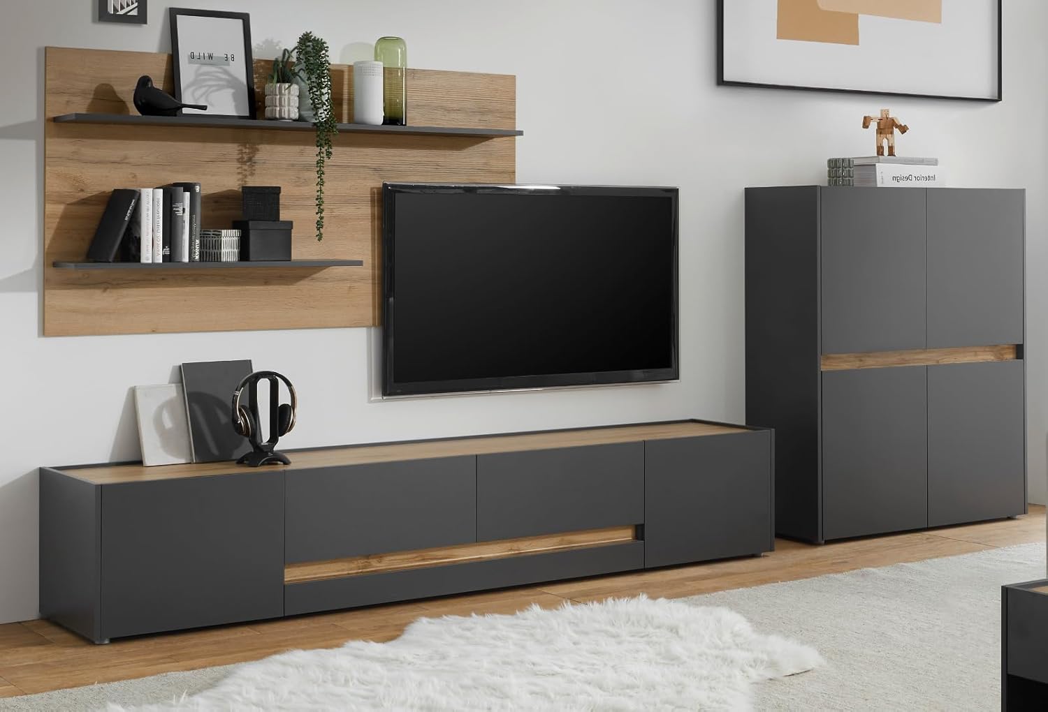 TV Unterteil Lowboard in Eiche Wotan Holz und grau matt Wohnzimmer Fernseher Schrank Mediaschrank TV-Board 223 x 40 cm Center (TV-Lowboard 3)